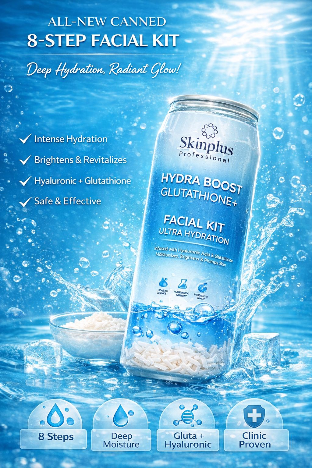 Skinplus Professional Hydra Boost Glutathione+ Can Facial Kit – 8 Step Ultra Hydration Treatment