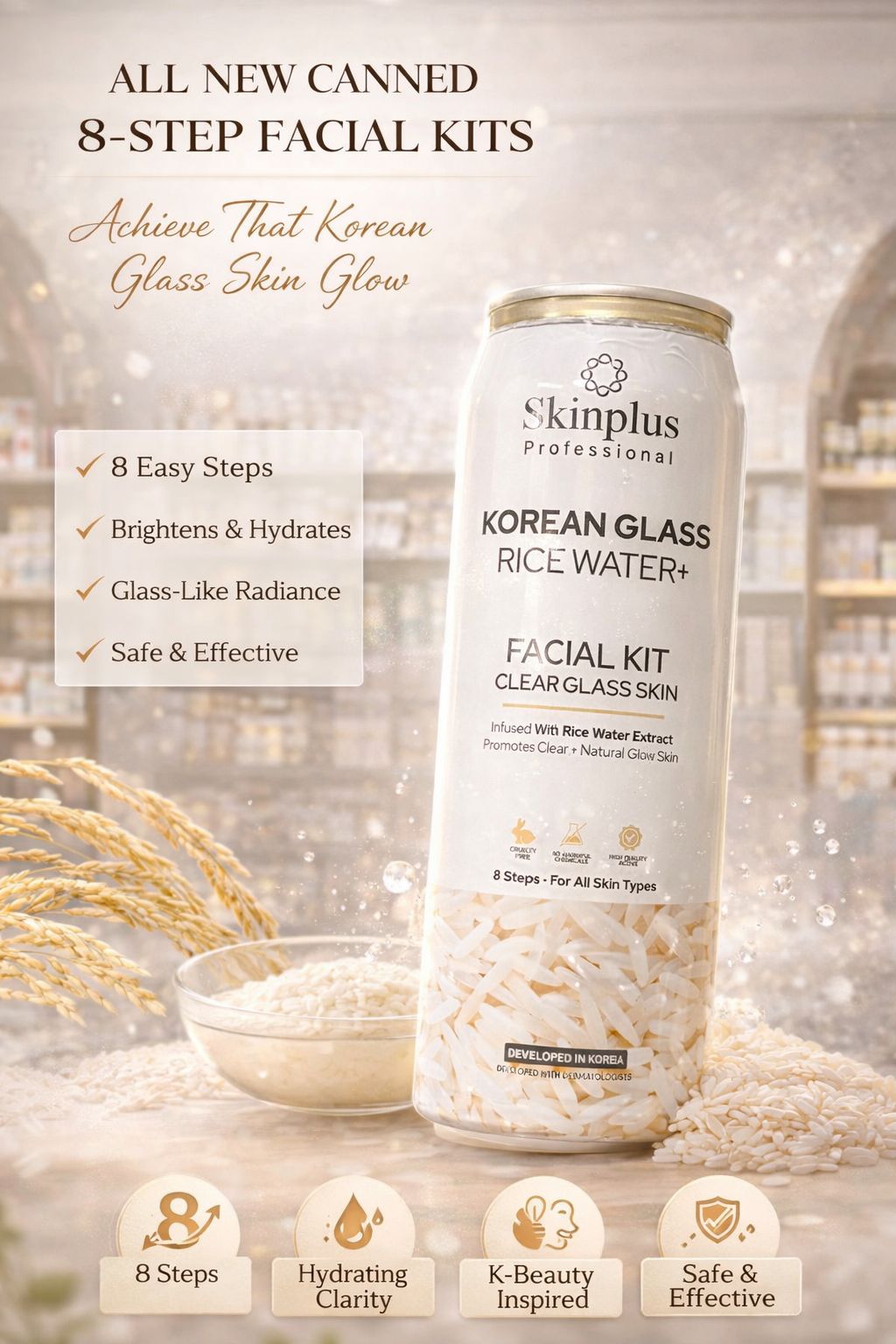 Skinplus Professional Korean Glass Rice Water+ Facial Kit – 8 Step Clear Glass Skin Treatment