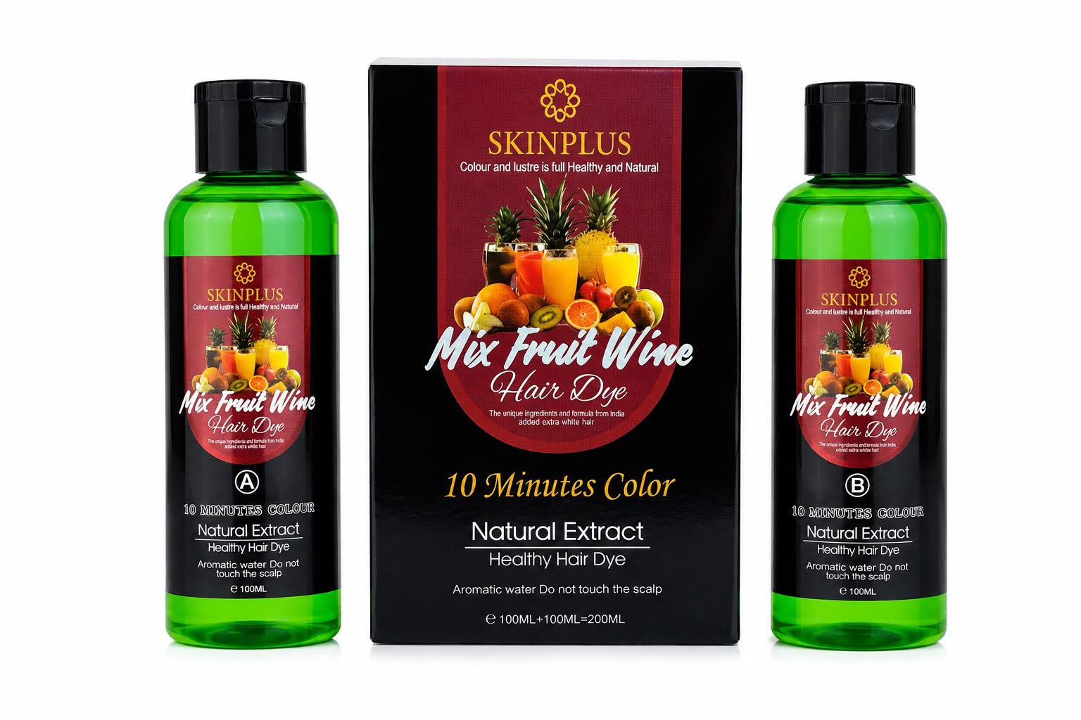 SKINPLUS Mix Fruit Wine Hair Dye – Natural Black Hair Color | Travel Pack | 10 Minute Color | 100ml + 100ml