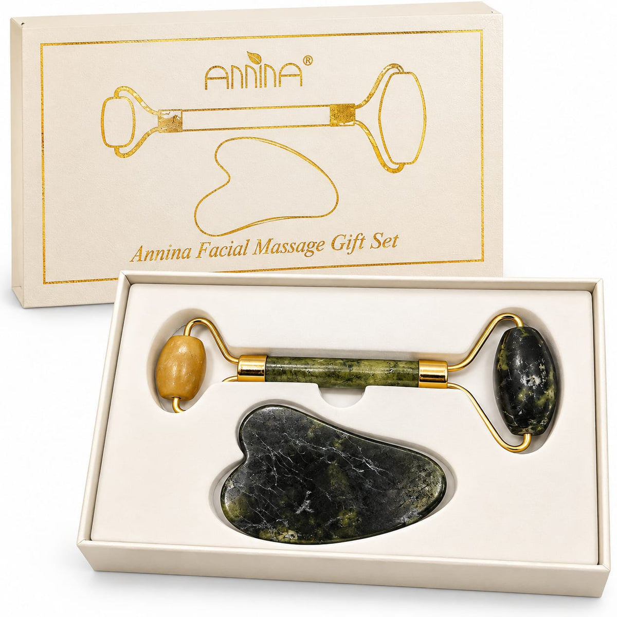 ANNINA Facial Massage Gift Set – Natural Stone Face Roller & Gua Sha