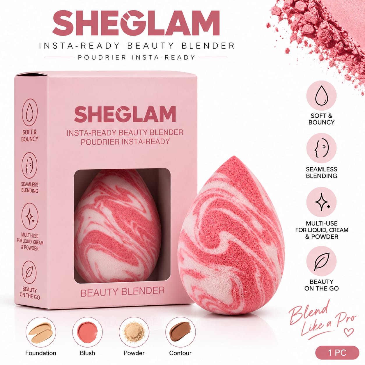 SHEGLAM Insta-Ready Beauty Blender – Soft & Bouncy, Streak-Free Makeup Sponge - RANDOM COLOR