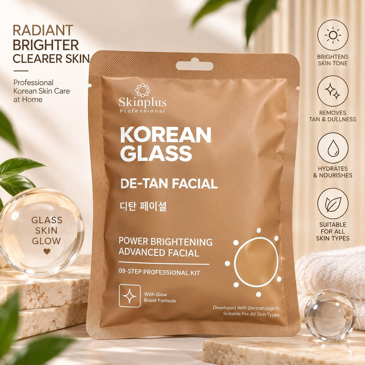 Skinplus Professional Korean Glass De-Tan Facial – 9-Step Power Brightening Facial Kit