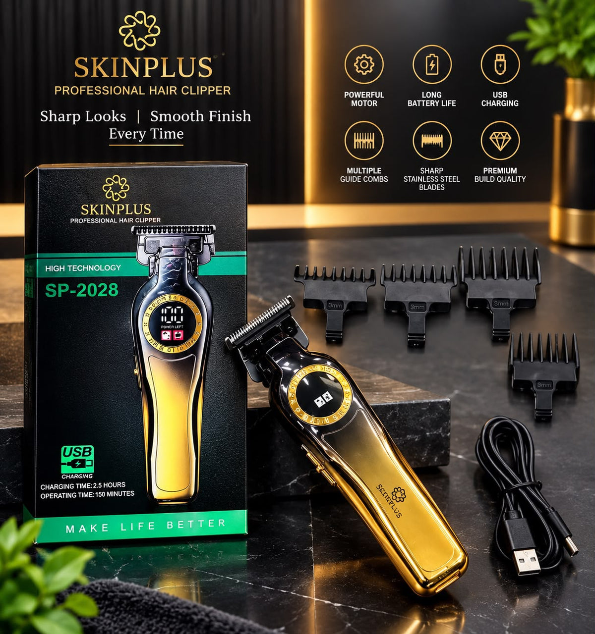 SKINPLUS SP-2028 Professional Hair Trimmer with Digital Display | USB Rechargeable Hair Trimmer | 6 Months Guarantee