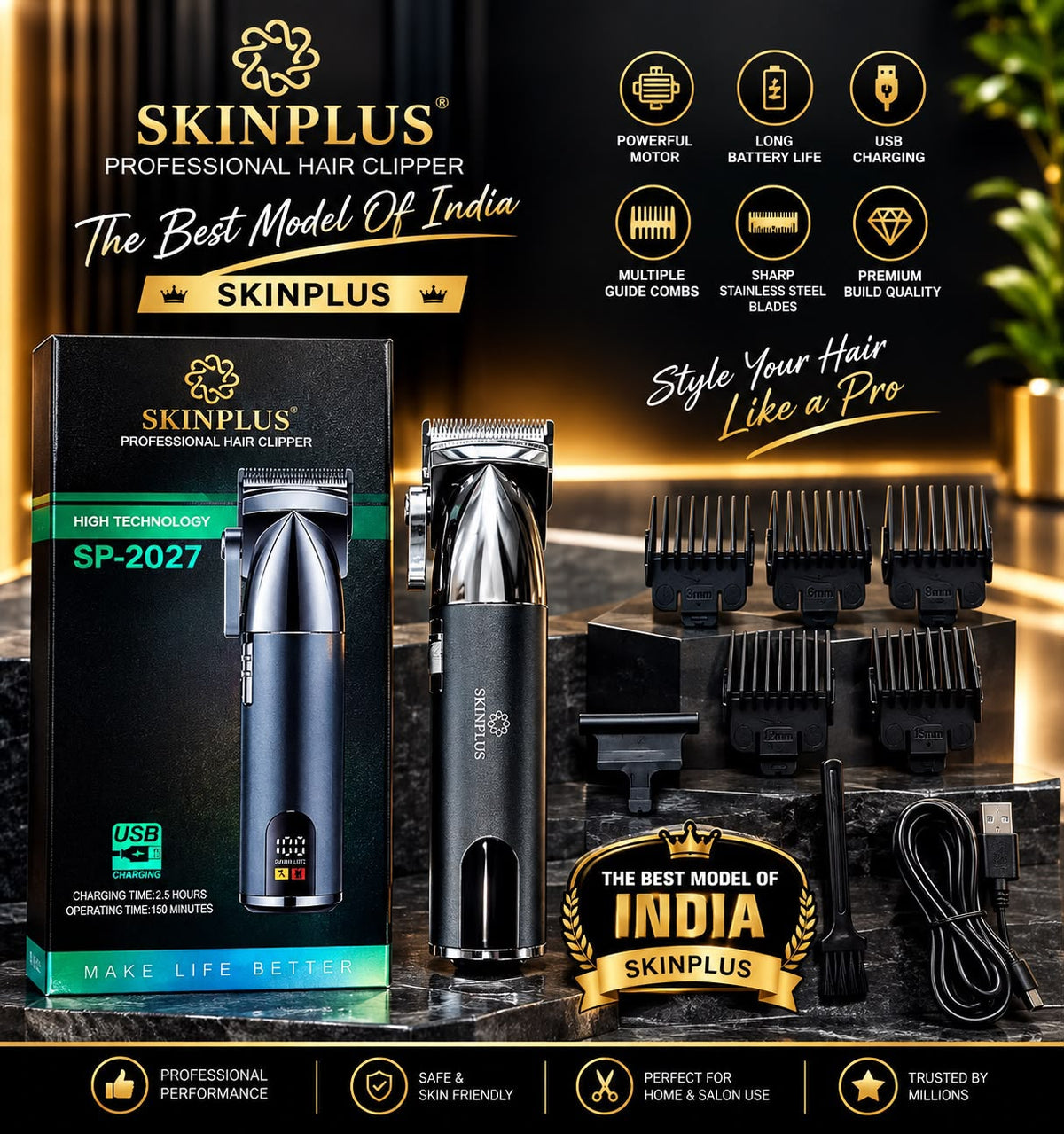 SKINPLUS SP-2027 Professional Hair Clipper | USB Rechargeable Hair Trimmer with Stainless Steel Blades & Multiple Guide Combs