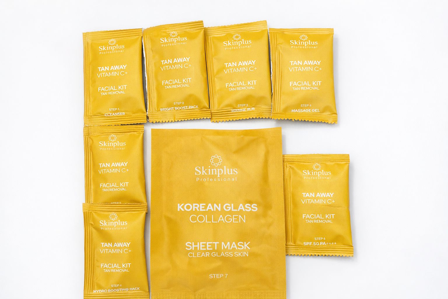 Skinplus Tan Away Vitamin C+ 8 Step Can Facial Kit with Korean Collagen Sheet Mask – Instant Brightening & De-Tan Glow