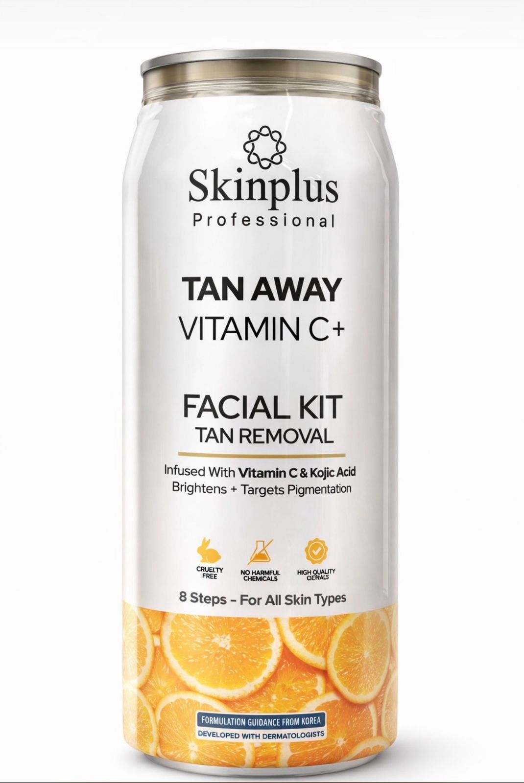 Skinplus Tan Away Vitamin C+ 8 Step Can Facial Kit with Korean Collagen Sheet Mask – Instant Brightening & De-Tan Glow