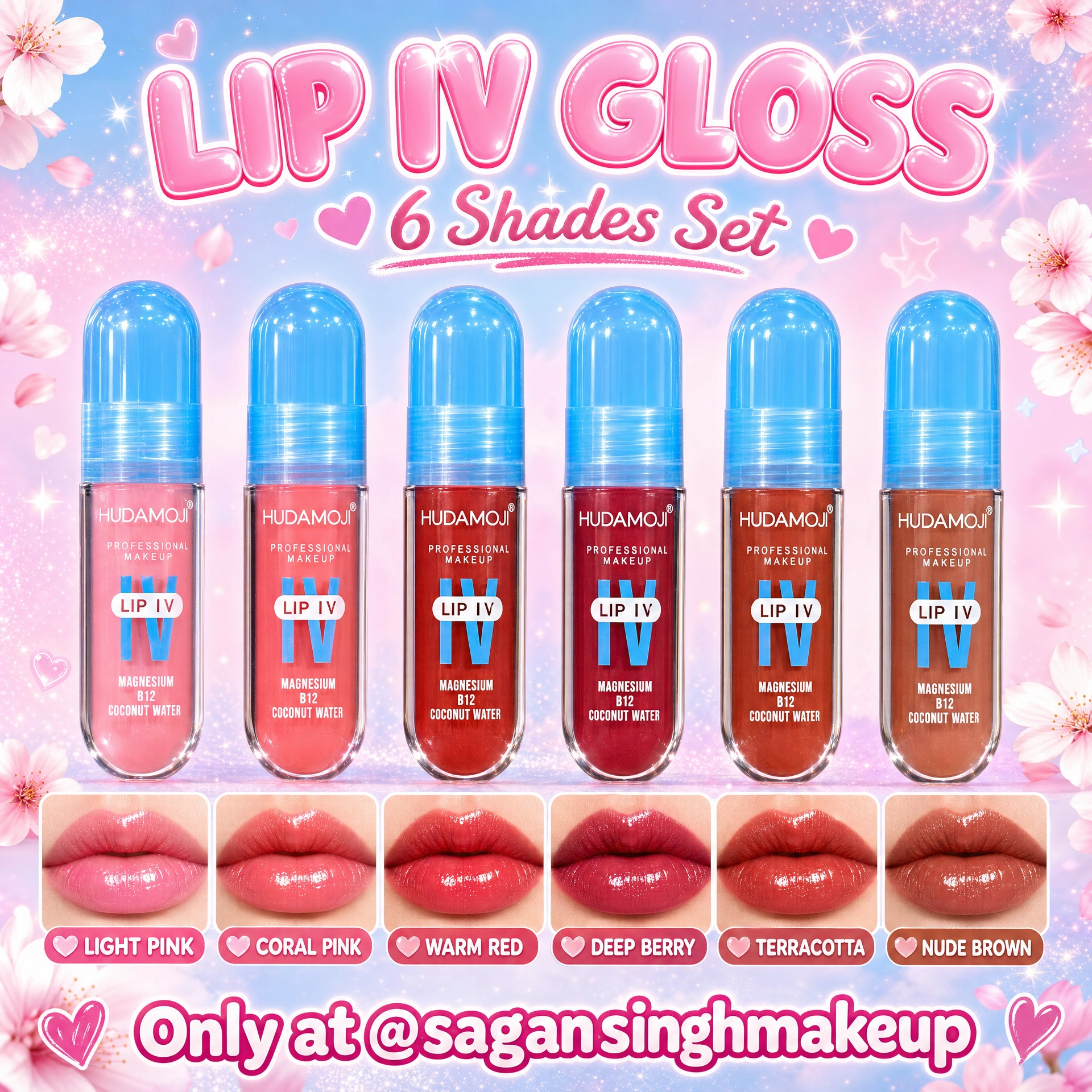 Hudamoji Lip IV Hydrating Lip Gloss – Vitamin Infused Glossy Tint (Magnesium + B12 + Coconut Water)