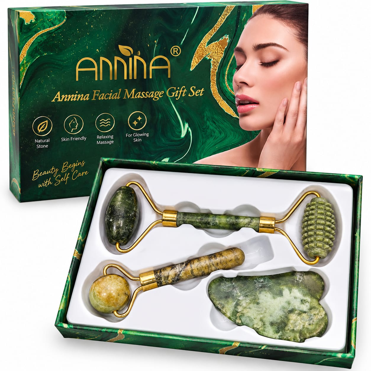 ANNINA Facial Massage Gift Set – Natural Stone Face Roller & Gua Sha Set