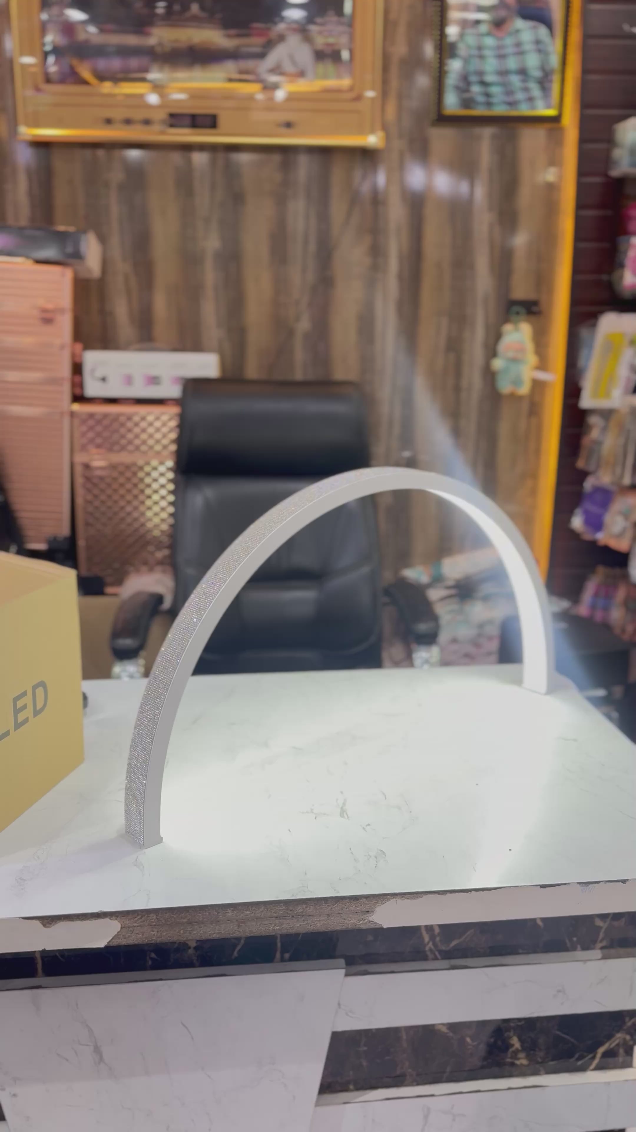 Load video: Moon Lamp Luxury Arch Nail Desk Lamp with Diamond Sparkle Finish 75cms