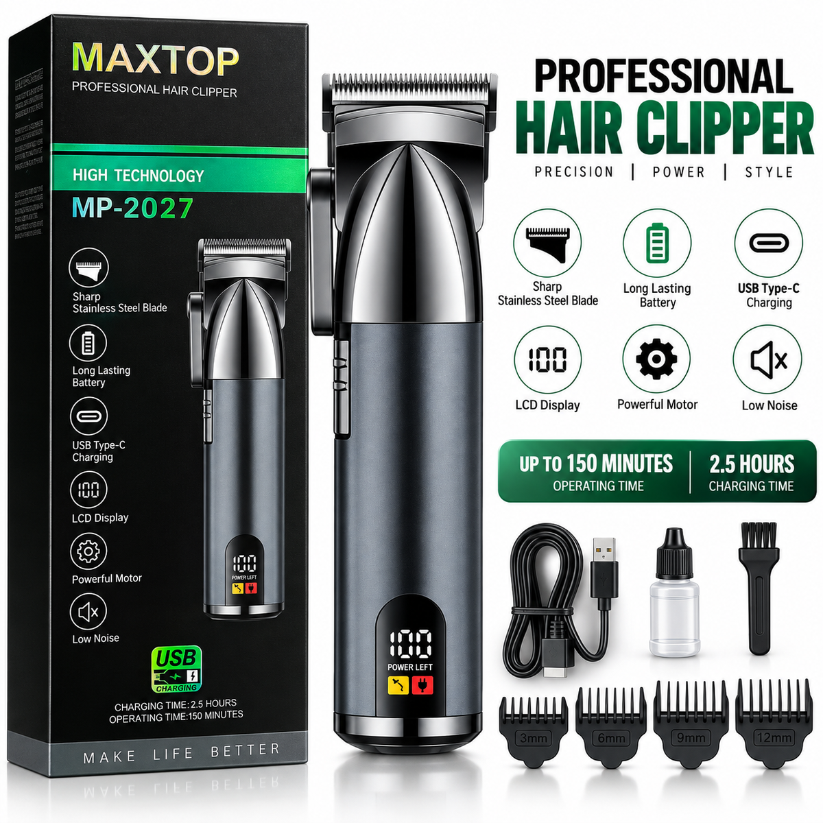 MAXTOP MP-2027 Professional Hair Clipper – Cordless Trimmer for Men