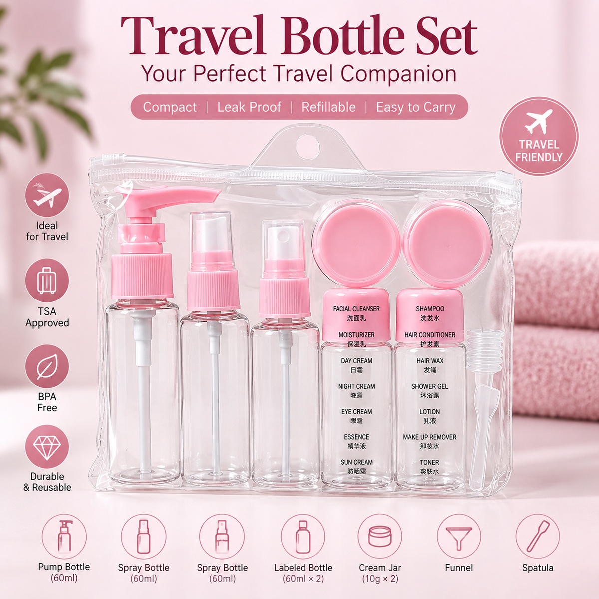 Travel Bottle Set for Toiletries & Skincare – Travel Containers with Cosmetic Pouch