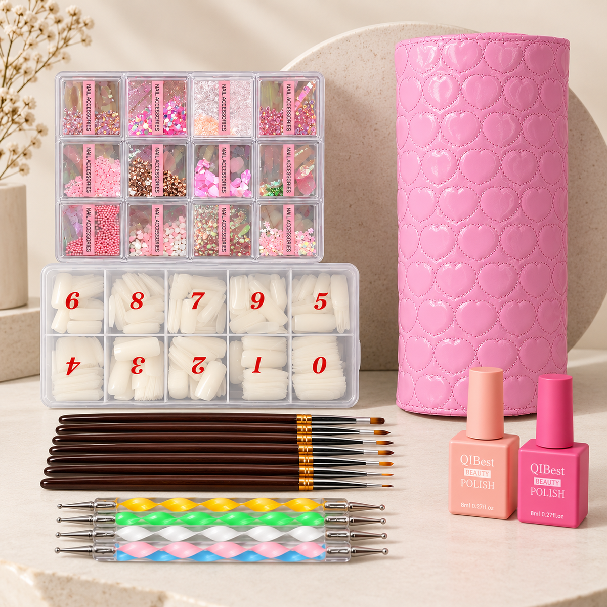 Nail Art Kit with Nail Accessories, Nail Tips & Brushes & UV Gel Paint
