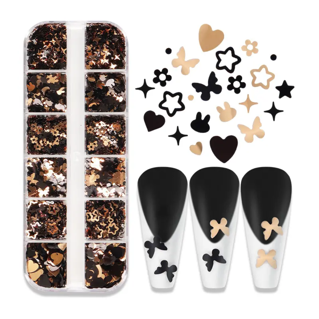 Nail Art Charms & Glitter Embellishments – 12 Compartment Set | Nail Decoration Accessories for Nail Art