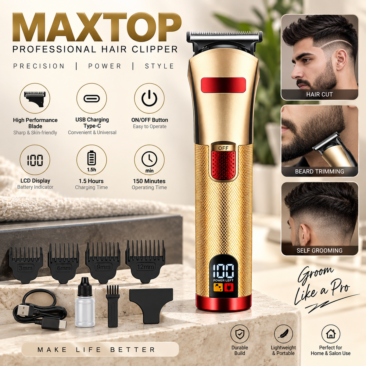 MAXTOP MP 2025 Professional Hair Clipper – High Technology Cordless Trimmer
