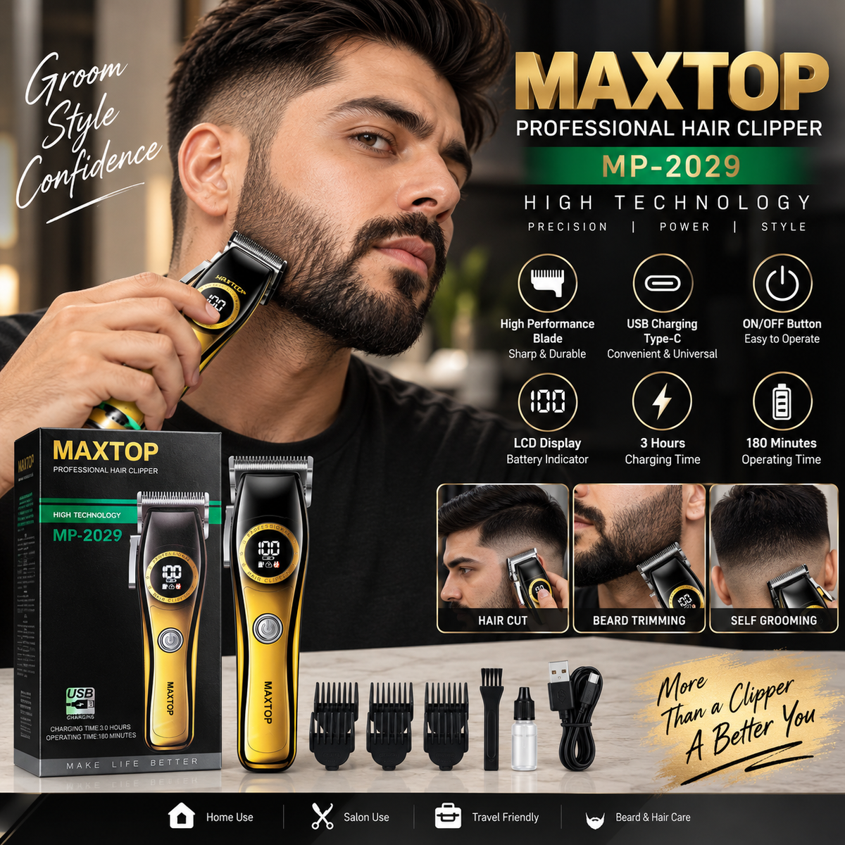MAXTOP MP-2029 Professional Hair Clipper – Cordless Hair & Beard Trimmer