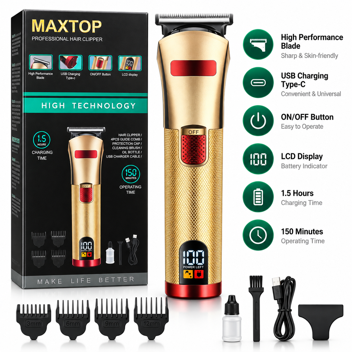 MAXTOP MP 2025 Professional Hair Clipper – High Technology Cordless Trimmer