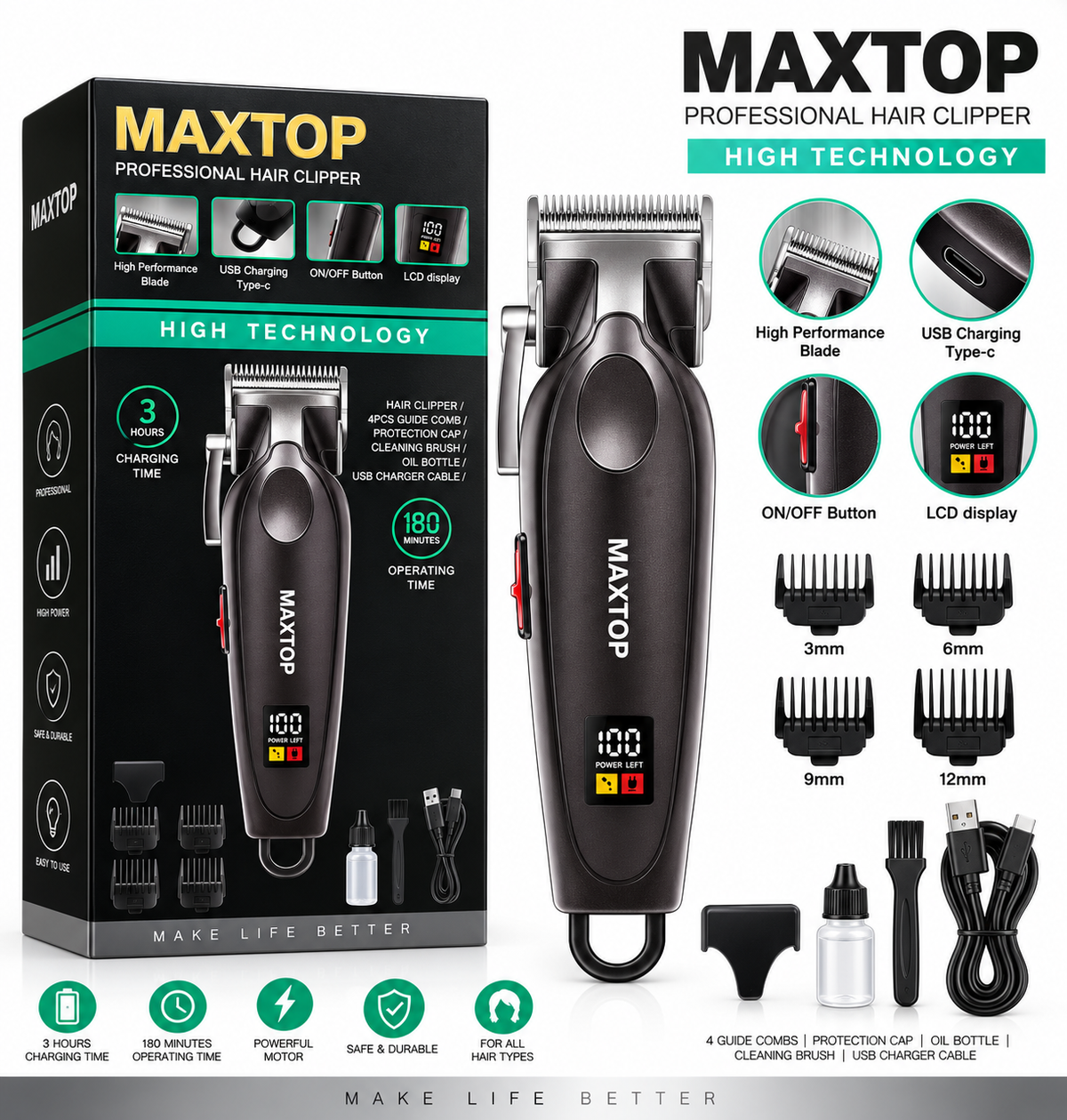 MAXTOP MP-2030 Professional Hair Clipper | USB Type-C Rechargeable Trimmer