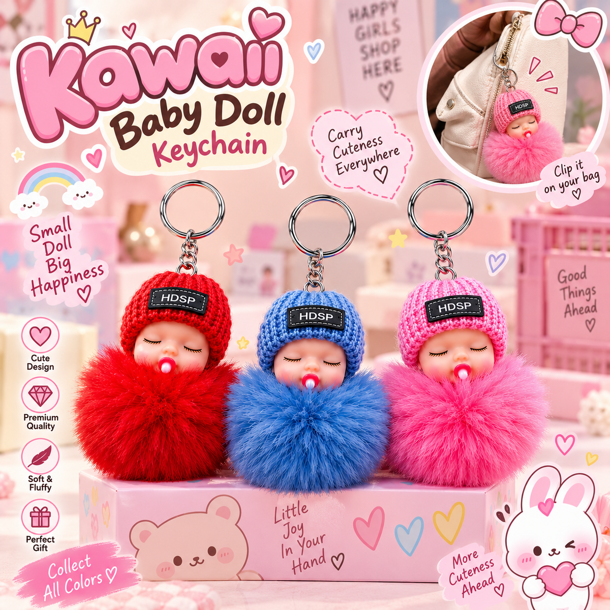 Kawaii Baby Doll Keychain – Cute Combo of 3 Random Color