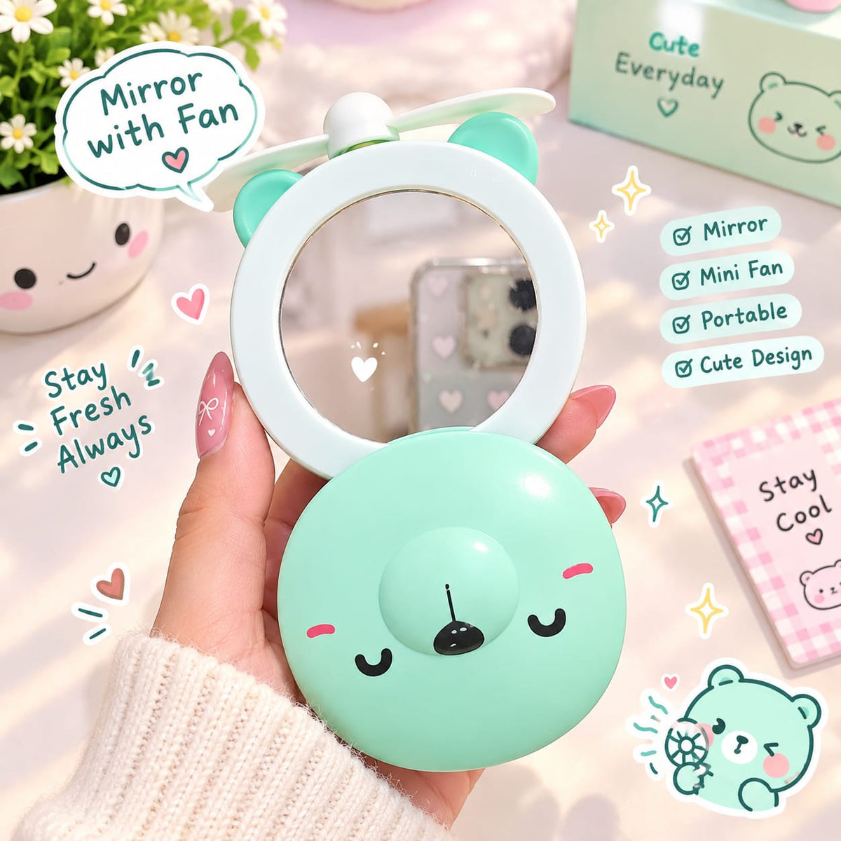 Cute Bear Mirror with Mini Fan – Portable Handheld Makeup Mirror