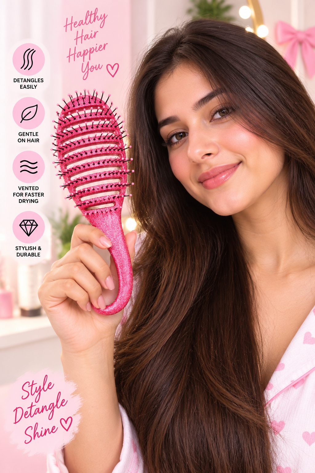 Pink Glittery Detangling Hair Brush – Gentle Tangle-Free Hair