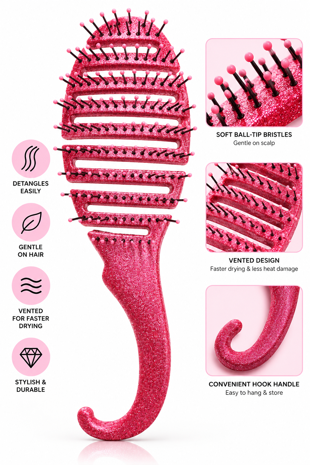 Pink Glittery Detangling Hair Brush – Gentle Tangle-Free Hair