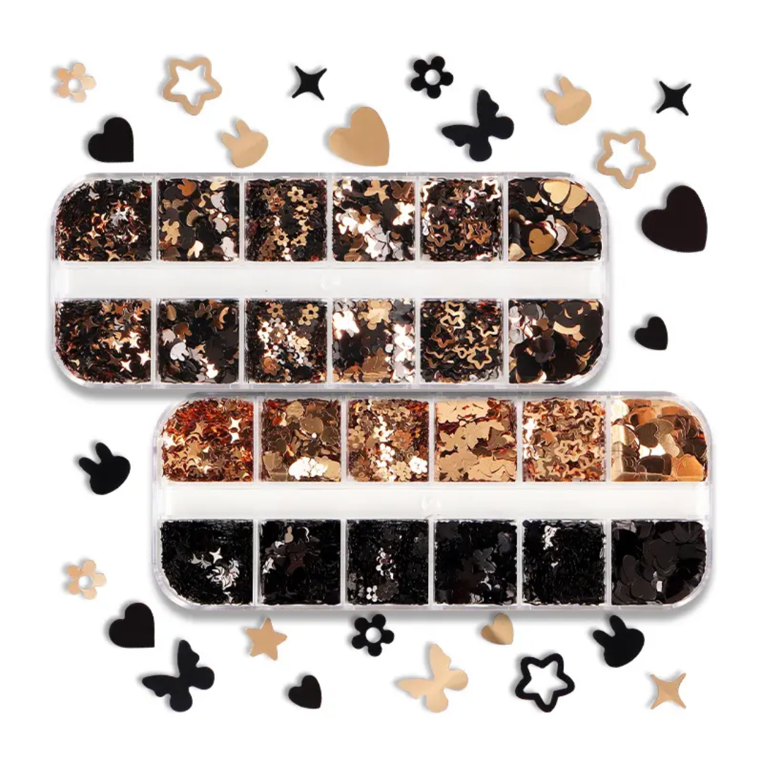 Nail Art Charms & Glitter Embellishments – 12 Compartment Set | Nail Decoration Accessories for Nail Art
