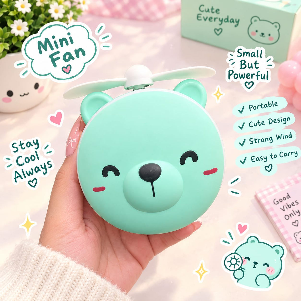 Cute Bear Mirror with Mini Fan – Portable Handheld Makeup Mirror
