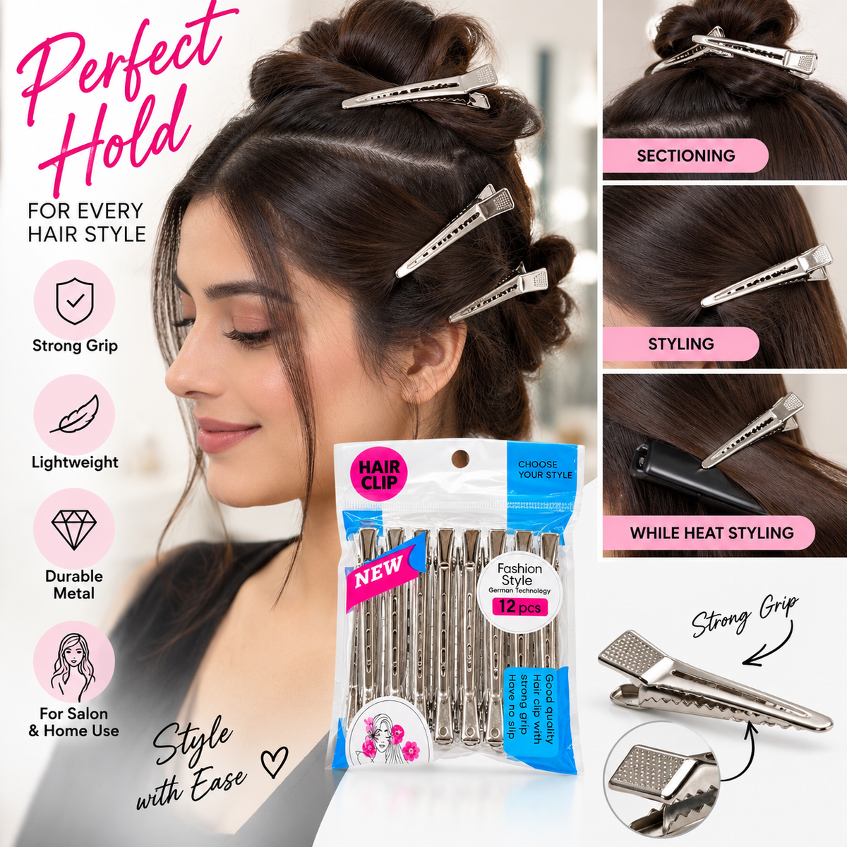Professional 12 Pcs Metal Hair Sectioning Clips – Strong Grip Styling Clips