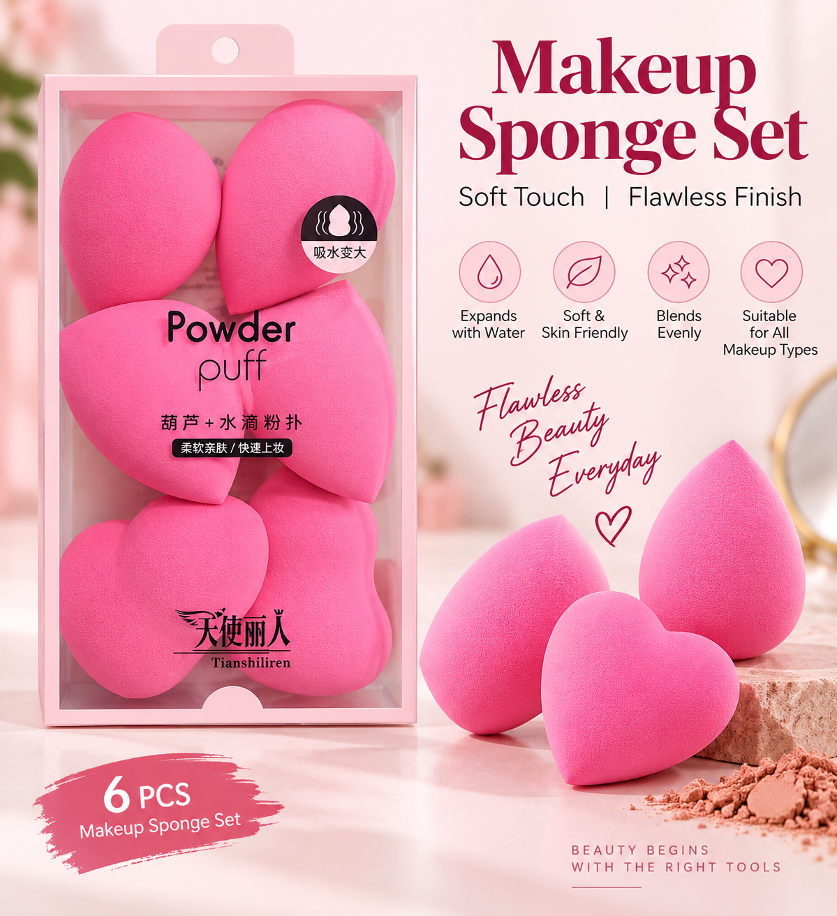 6 Pcs Pink Powder Puff Makeup Sponge Set – Soft & Bouncy Beauty Blenders for Liquid, Cream & Powder Makeup