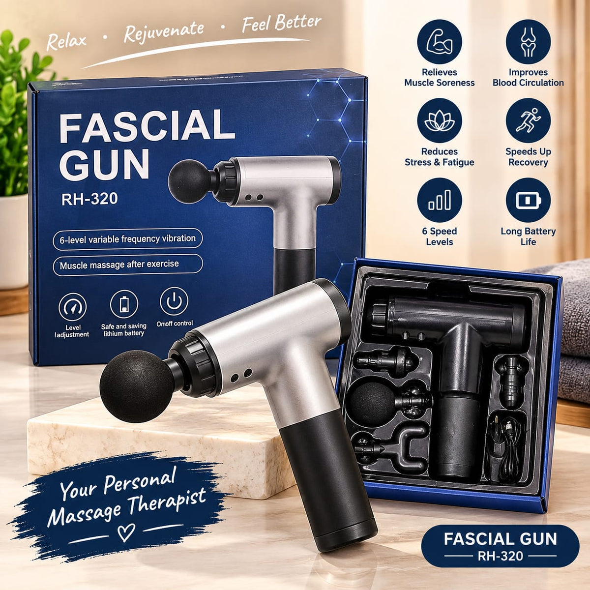 Professional 6-Speed Percussion Massage Gun with Interchangeable Heads