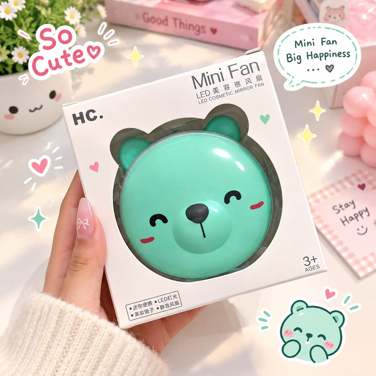 Cute Bear Mirror with Mini Fan – Portable Handheld Makeup Mirror
