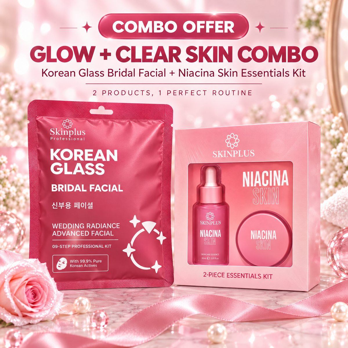 Skinplus Bridal Glow Karwa Combo – Korean Glass Facial + Niacina Skin Essentials | Best for Oily Skin | Suits All Skin Types